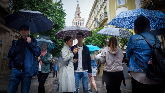 Viandantes ataviados con paraguas en Sevilla.