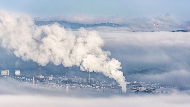 Intenso humo saliendo de una fábrica y contaminando el medio ambiente