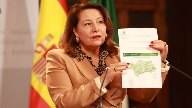 La consejera Carmen Crespo con un mapa con las principales actuaciones en materia hidráulica.