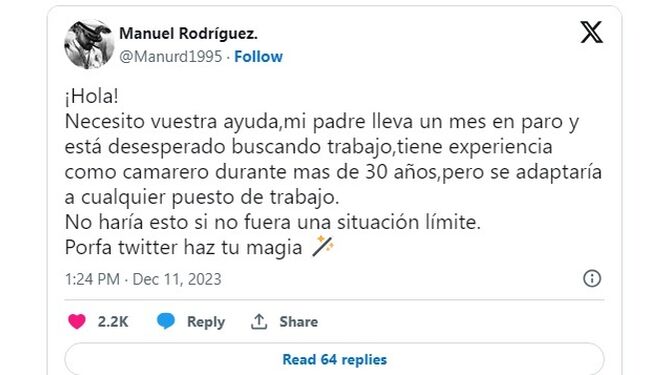 El mensaje publicado en 'X' por Manuel Rodríguez que se ha hecho viral.