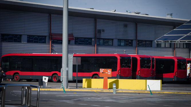 Varios tranvibús aparcados en el interior de las cocheras de Tussam, en la avenida de Andalucía.