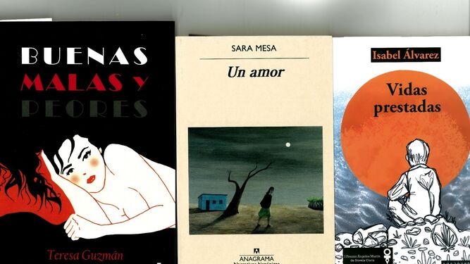 Portadas de los libros de Teresa Guzmán, Sara Mesa e Isabel Álvarez.