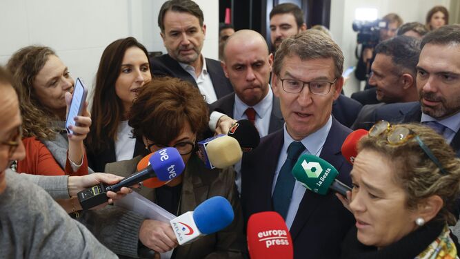Alberto Núñez Feijóo, atiende a los periodistas a su llegada al acto en el que intervino en Madrid.