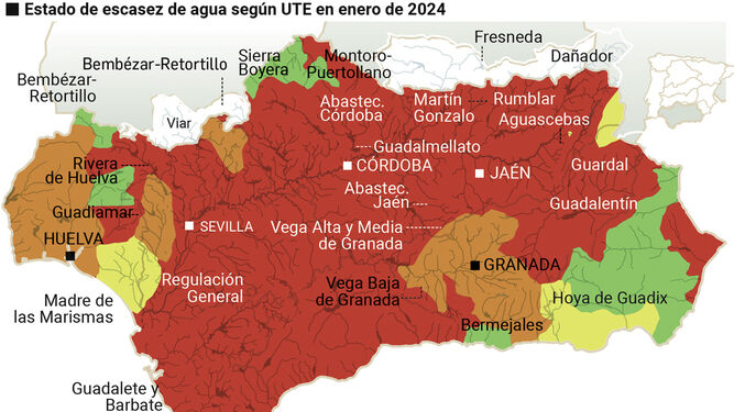 Estado de sequía en Andalucía por Comarcas. Fuente: SAIH