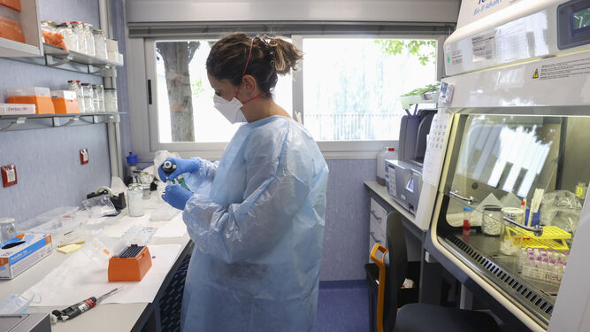 Una investigadora examina una muestra en un laboratorio.