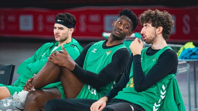 De Bisschop, Wembi y Doménech, sentados en el banquillo de San Pablo durante un entrenamiento del Betis Baloncesto.