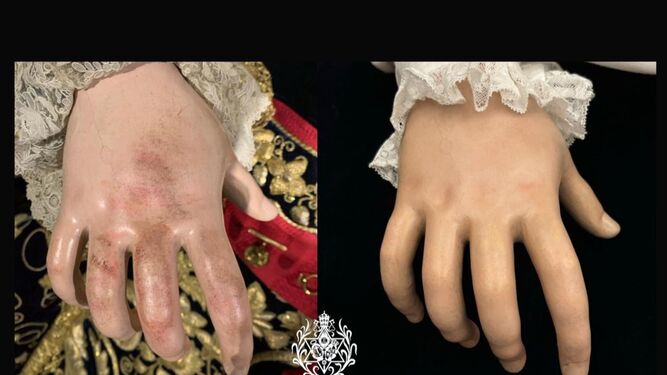 La mano derecha de la Virgen, antes y después de la intervención