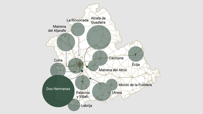 Mapa de la criminalidad en la provincia de Sevilla sin contar la capital. Fuente: Ministerio del Interior