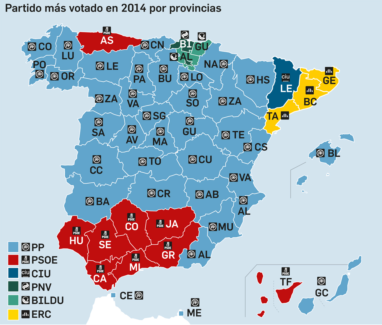 Mapa de España por provincias con el partido más votado en las europeas